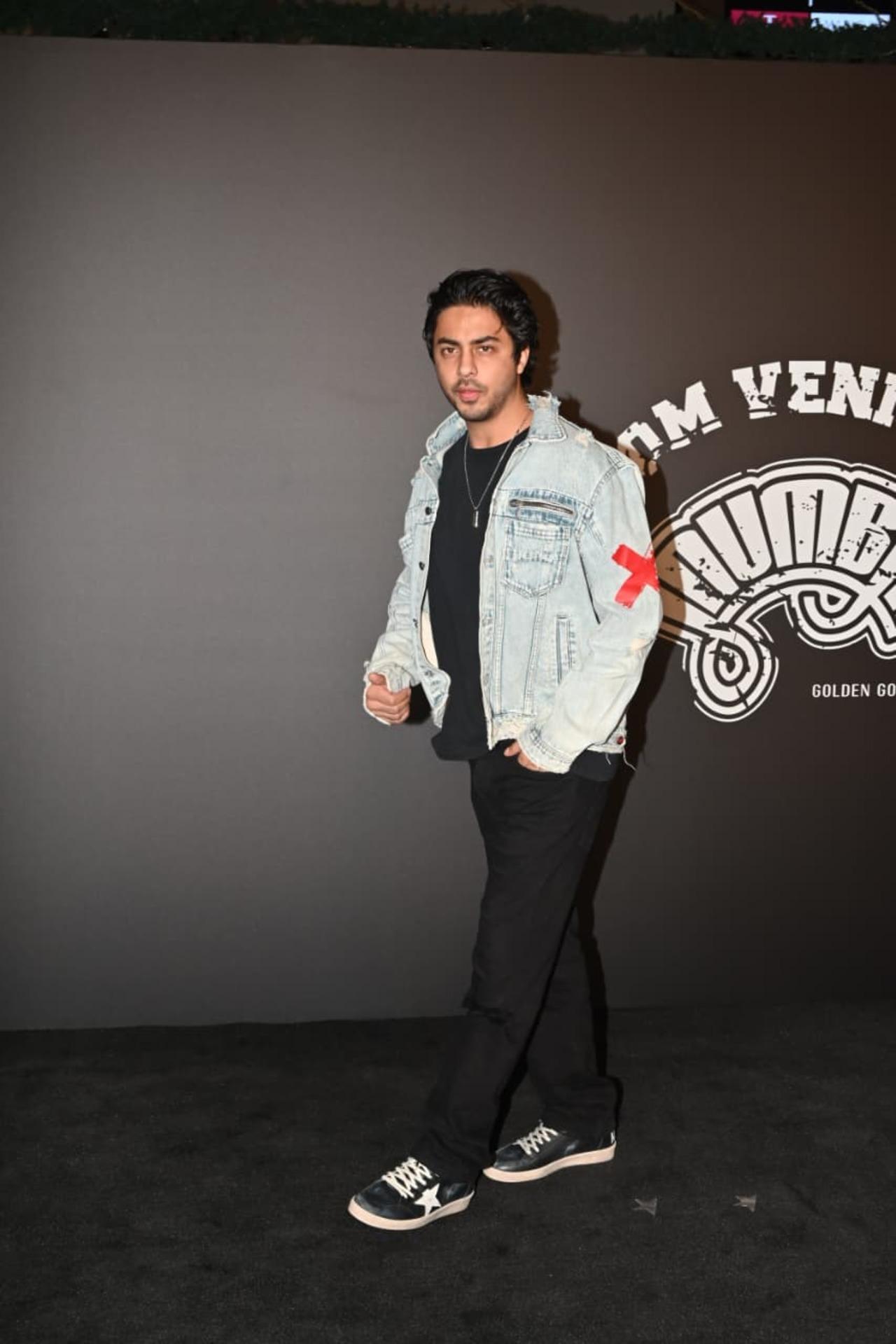 Aryan Khan was spotted attending an event in a black t-shirt and black pants paired with a light blue denim jacket.